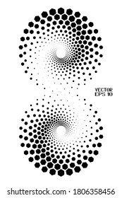 Abstract Black and White Geometric Pattern with Hexagons. Spiral-like Spotted Tunnel. Contrasty Halftone Optical Psychedelic Illusion. Vector. 3D Illustration
