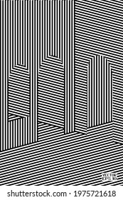 Abstract Black and White Geometric Pattern with Walls. Striped Texture of Building. Vector. 3D Illustration