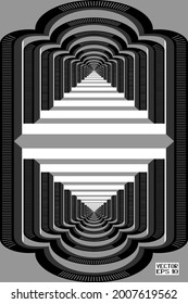 Resumen del patrón geométrico blanco y negro con colonada en doble túnel. Luz y sombra de escalera arquitectónica. Ilusión psicodélica óptica. Vector. Ilustración 3D