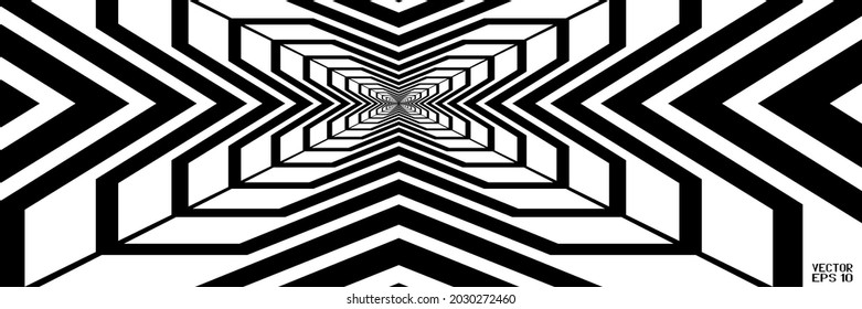 Resumen del patrón geométrico negro y blanco con rayas. Túnel en perspectiva. Ilusión psicodélica contrastante. Textura de mimbre estelar. Vector. Ilustración 3D