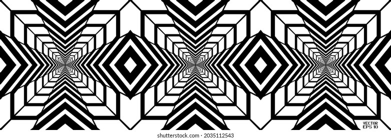 Resumen del patrón geométrico negro y blanco con rayas. Túnel en perspectiva. Ilusión psicodélica contrastante. Textura de mimbre estelar. Vector. Ilustración 3D