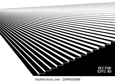 Abstract Black and White Geometric Pattern with Staircase. Striped Structural Texture of Stairs Perspective. Vector. 3D Illustration