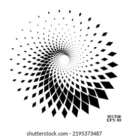 Resumen del patrón geométrico blanco y negro con cuadrados. Túnel con manchas tipo espiral. Ilusión psicodélica contrastante de medio tono. Vector. Ilustración 3D