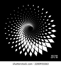 Abstract Black and White Geometric Pattern with Squares. Spiral-like Spotted Tunnel. Contrasty Halftone Optical Psychedelic Illusion. Vector. 3D Illustration