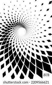 Abstract Black and White Geometric Pattern with Squares. Spiral-like Spotted Tunnel. Contrasty Halftone Optical Psychedelic Illusion. Vector. 3D Illustration