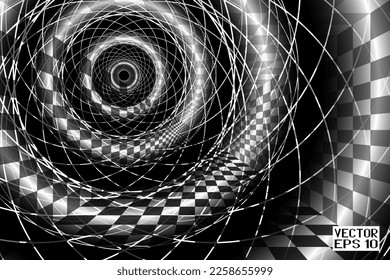 Abstract Black and White Geometric Pattern with Circles and Spiral. Polygons Grey Texture. Glowing Bright Holiday Invitation. Vector. 3D Illustration