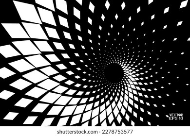 Abstract Black and White Geometric Pattern with Squares. Spiral-like Spotted Tunnel. Contrasty Halftone Optical Psychedelic Illusion. Vector. 3D Illustration