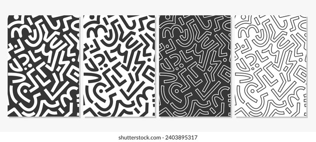 Abstract black and white geometric pattern background, vector monochrome shapes, figures, lines, circles. Trendy minimalistic set of artwork for poster, banner, flyer, cover