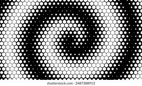 Patrón geométrico Abstractas en blanco y negro con hexágonos. Vórtice Espiral Dinámico en Cuadrícula Hexagonal. Abstractas fondo tecnológico. Ilustración vectorial. Patrón hexagonal de múltiples escalas.