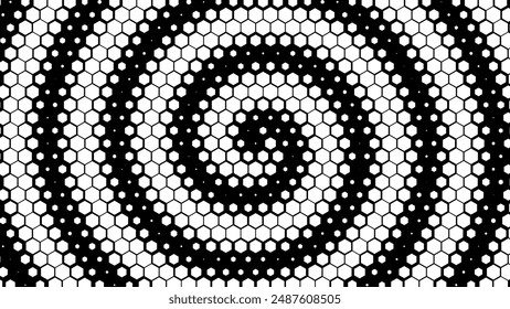 Abstract Black and White Geometric Pattern with Hexagons. Dynamic Spiral Vortex on Hexagon Grid. Abstract Tech Background. Vector Illustration. Hexagonal Multi Scale Pattern.