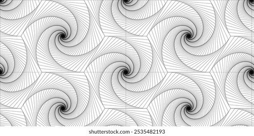 Padrão geométrico preto e branco abstrato com hexágonos. Vórtice Espiral Dinâmico na Grade Hexágono. Resumo da tecnologia. Ilustração de vetor.