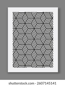 Abstract black and white geometric pattern with cube illusion made of diagonal lines, minimalist style on white background. Concept of optical illusion. Vector illustration