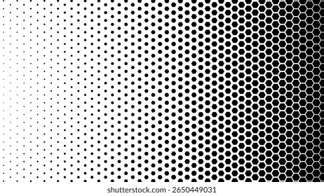 Abstract Black and White Geometric Pattern with Hexagons. Dynamic Halftone Hexagon Grid. Abstract Tech Background. Vector Illustration. 