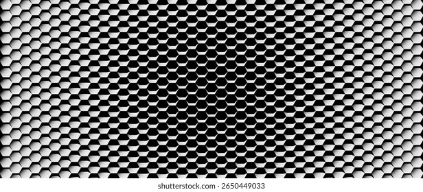 Abstract Black and White Geometric Pattern with Hexagons. Dynamic Halftone Hexagon Grid. Abstract Tech Background. Vector Illustration. 