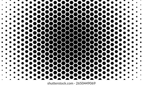 Abstractas patrón geométrico blanco y negro con hexágonos. Rejilla de hexágono de semitono dinámico. Antecedentes de tecnología Abstractas. Ilustración vectorial. 
