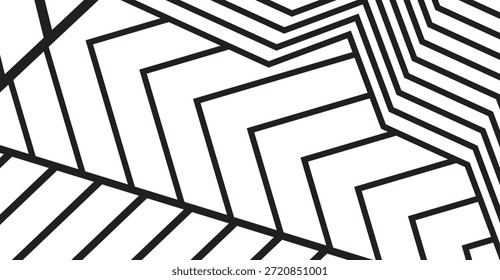 An abstract black and white geometric pattern featuring sharp, angular shapes and clean lines creating a dynamic and modern visual composition, ideal for graphic design backgrounds and artistic
