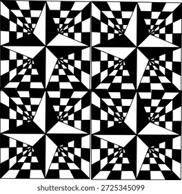 Abstract black and white geometric pattern with optical illusion cubes and star shapes, creating a bold, modern, high-contrast seamless design.