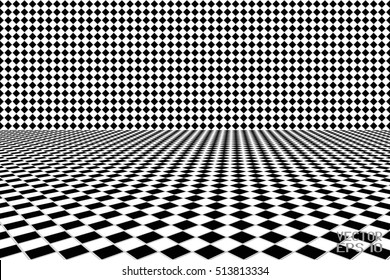 Abstract Black and White Geometric Pattern with Squares and Stripes. Wicker Structural Texture Checkered. Diagonal Tile Wall. Spatial Perspective. Vector. 3D Illustration
