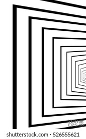 Abstract Black and White Geometric Pattern with Stripes in Tunnel. Linear Texture of Tile Wall. Vector Illustration