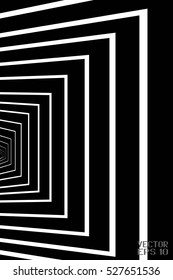 Abstract Black and White Geometric Pattern with Stripes in Tunnel. Linear Texture of Tile Wall. Vector Illustration
