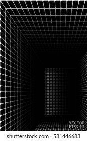Abstract Black and White Geometric Pattern with Stripes in Tunnel. Wicker Structural Texture of Tile Wall. Vector. 3D Illustration