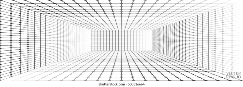 Abstract Black and White Geometric Pattern with Stripes in Tunnel. Wicker Structural Texture of Tile Wall. Vector. 3D Illustration
