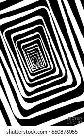 Abstract Black and White Geometric Pattern with Stripes in Tunnel. Linear Texture of Tile Wall. Vector Illustration