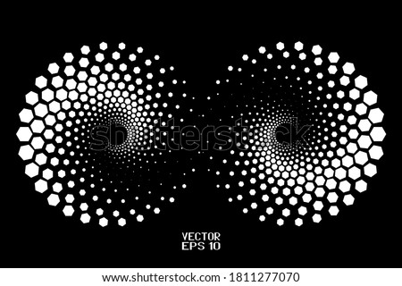 Abstract Black and White Geometric Pattern with Hexagons. Spiral-like Spotted Tunnel. Contrasty Halftone Optical Psychedelic Illusion. Vector. 3D Illustration