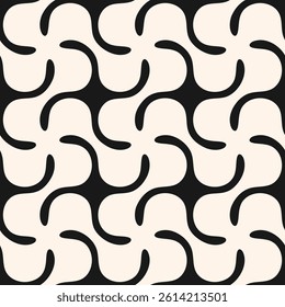Abstract black and white geometric seamless pattern. Stylish ornament texture with bold curved shapes, wavy grid, distorted surface. Funky groovy modern background. Repeating monochrome vector design