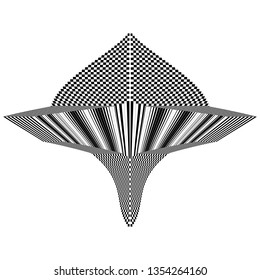 Abstract black and white geometric shape with  striped and checkered texture. Geometric pattern with visual distortion effect. Optical illusion. Op art.