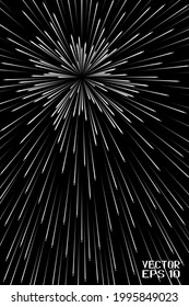 Abstract Black and White Geometric Spatial Pattern. Festive Firework Isolated on Night Background. Illustration of Explosive Starburs with Rays. Vector. 3D Illustration