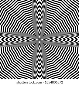 Resumen del patrón de fondo geométrico rayado en blanco y negro con efecto de distorsión visual. Ilusión óptica. Op art.