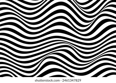 Abstract Black and white Geometric Waves Pattern with Vector Optical Illusion, Water Ripple and Swirl Texture Background