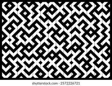 Abstract black and white geometrical design featuring symmetrical shapes and intricate patterns, evoking a sense of structure and modern stylization in an artistic composition.