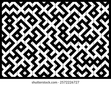 Abstract black and white geometrical design featuring symmetrical shapes and intricate patterns, evoking a sense of structure and modern stylization in an artistic composition.