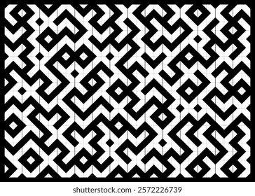 Abstract black and white geometrical design featuring symmetrical shapes and intricate patterns, evoking a sense of structure and modern stylization in an artistic composition.