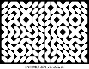 Abstract black and white geometrical design featuring symmetrical shapes and intricate patterns, evoking a sense of structure and modern stylization in an artistic composition.