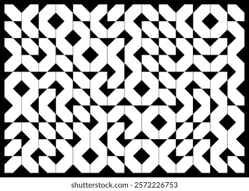 Abstract black and white geometrical design featuring symmetrical shapes and intricate patterns, evoking a sense of structure and modern stylization in an artistic composition.