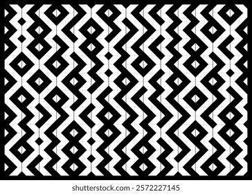 Abstract black and white geometrical design featuring symmetrical shapes and intricate patterns, evoking a sense of structure and modern stylization in an artistic composition.