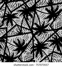 Abstract black and white geometry seamless pattern with palm trees.