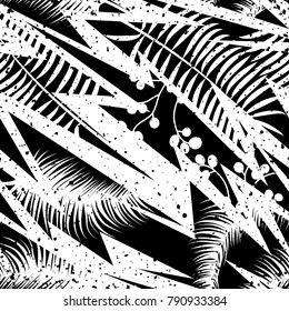 Abstract black and white geometry seamless pattern with palm trees.