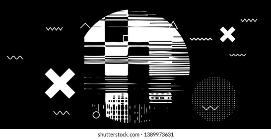 Abstract black and white glitched generative art background with geometric composition. Conceptual illustration of high-tech/ cyberpunk technologies of future/ virtual reality.