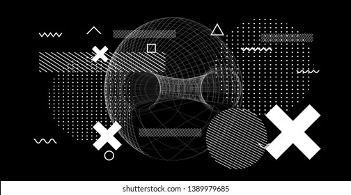 Abstract black and white glitched generative art background with neo-memphis geometric composition. Conceptual illustration of high-tech/ cyberpunk technologies of future/ virtual reality.