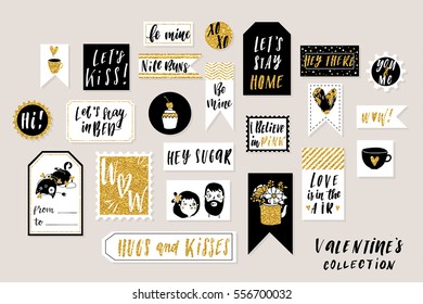 Abstract black, white and gold glitter textured colored Valentine's Day printable tags collection. Love, heart, holiday sticker kit. Vector illustration