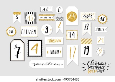 Abstract black, white and golg colored twenty four christmas countdown printable tags collection. Count down till christmas kit. Advent calendar. Vector illustration