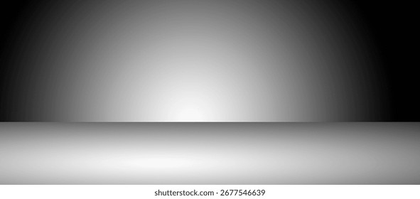 Abstrakter schwarz-weißer Farbverlauf-Hintergrund mit glattem Spotlight-Effekt, minimales futuristisches Studioraumdesign, moderne, saubere Präsentationskulisse.