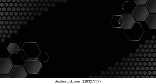 Resumen de patrones de forma hexagonal de gradiente negro y blanco en el diseño de banner de fondo oscuro. Ilustración vectorial.