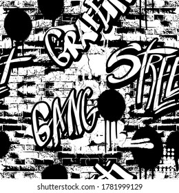 Abstract Black and white graffiti pattern. With bricks, paint drips, wall, words in graffiti style. Graphic urban design for textiles, sportswear, prints.
