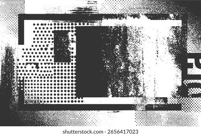 Abstrato preto e branco design gráfico com formas geométricas e texturas angustiadas.