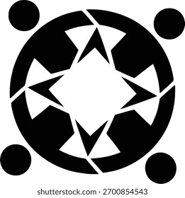 Abstrato preto e branco design gráfico com um circular, estrela-como padrão com quatro pontos dispostos simetricamente em torno do perímetro, sugerindo unidade ou conexão.
